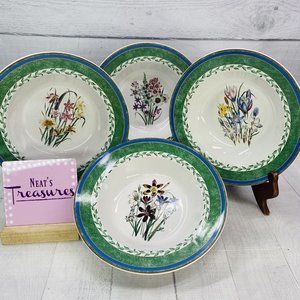 Smithsonian BOTANIC Jane Webb Loudon Floral Stoneware Rim Soup Pasta Bowls Set 4